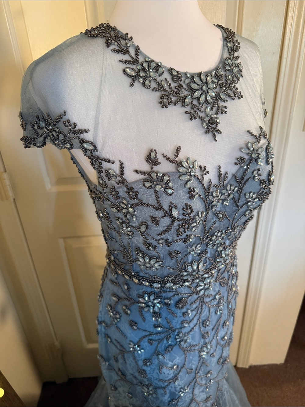 MAC DUGGAL Blue Embellished Lace Evening Gown with Illusion Neckline - Picture 5 of 14